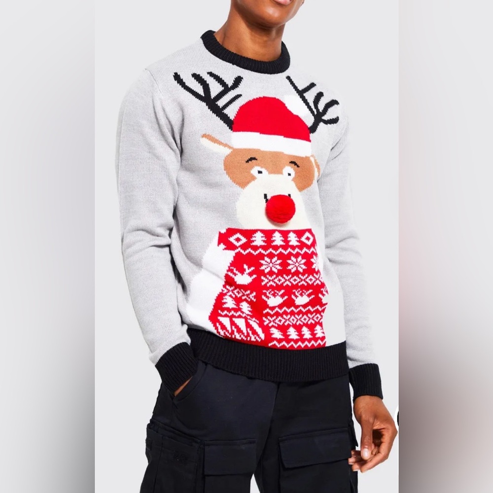 boohooman Reindeer Santa Hat Christmas Sweater